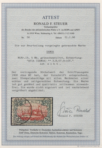 Dt. Kolonien, Samoa, 1900, Mi.- Nrn.: 7- 19, gestempelt, Mi.- Nrn.: 12- 18 je gepr. / signiert (meist BPP) Nr.: 19 mit FA e+e BPP! Sehr selten!