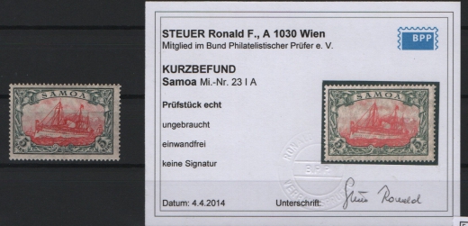 Dt. Kolonien, Samoa, 1915, Mi.- Nrn.: 23 I A, *, Befund Steuer BPP! Selten!