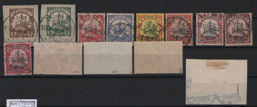 Dt. Kolonien, Togo, 1900, Mi.- Nrn.: 7- 19, gestempelt / auf Briefstück, Nrn.: 16- 19 je geprüft / signiert! Sehr selten!