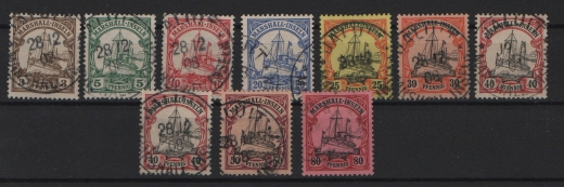 Dt. Kolonien, Marshall- Inseln, ca. 1901, Mi.- Nrn.: 13- 21, gestempelt, Mi.- Nr.: 16 + 19 signiert, Kurzsatz