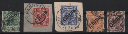 Dt. Auslandspostämter, China, 1898, Mi.- Nrn.: 2 I- 6 I , gestempel / auf Briefstück! Selten!