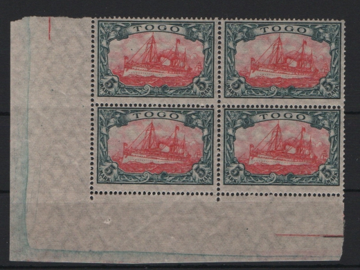 Dt. Kolonien, Togo, 1915, Mi.- Nr.: 23 II B im ER- 4er-Block, ** , selten! Luxusstück! Hochdekorativ!