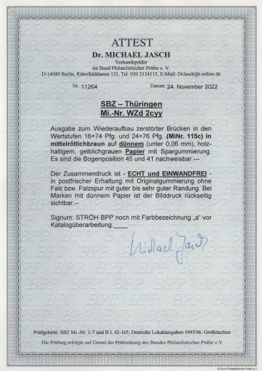 Thüringen, 1946, WZd Mi.- Nr.: 2 c yy, **, mit Fotoattest Dr. Jasch BPP, echt und einwandfrei!
