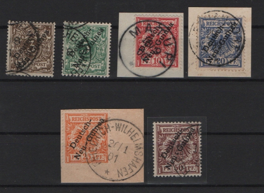Dt. Kolonien, DNG, 1897 / 1899, Mi.- Nr.: 1- 6, gestempelt / auf Briefstück! Je geprüft / signiert! Selten!