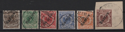 Dt. Kolonien, Samoa, 1900, Mi.- Nrn.: 1- 6, gestempelt, je geprüft / signiert! Selten!