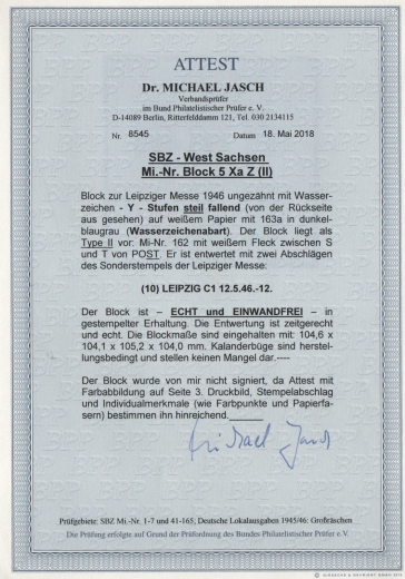SBZ, West- Sachsen, 1946, Mi.- Nr.: Bl. 5 Xa Z, gestempelt, Fotoattest Dr. Jasch BPP: echt und einwandfrei! Luxusstück! RR!