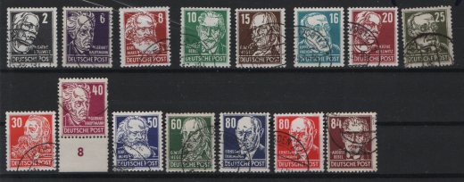 DDR, 1952 / 53, Mi.- Nrn.: 327- 341, der Persönlichkeiten II- Satz! Gestempelt! Mi.- Nrn.: 334 + 341 je K.- Befund BPP! Kabinettsatz!