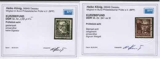 DDR, 1952 / 53, Mi.- Nrn.: 327- 341, der Persönlichkeiten II- Satz! Gestempelt! Mi.- Nrn.: 334 + 341 je K.- Befund BPP! Kabinettsatz!