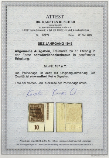SBZ, Allgemeine Ausgaben, 1948, Mi.- Nr.: 187 e mit ER!, **, akt. FA Dr. Ruscher BPP, echt und einwandfrei! Luxusstück! Sehr selten!