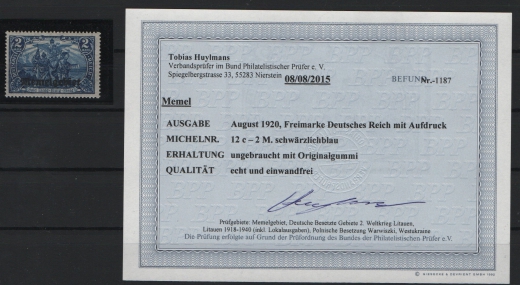 Memel, 1920, Mi.- Nr.: 12 c, *, Befund Huylmans BPP: e+e! Luxusstück! Selten!