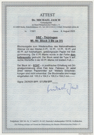 Thüringen, 1946, Bl. 3 Bb ya, **, mit akt. Fotoattest Dr. Jasch BPP: echt + ...., Kabinettstück. Selten!