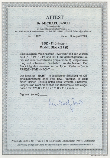 Thüringen, 1945, Bl. 2 t, **, mit akt. Fotoattest Dr. Jasch BPP: echt + ...., Kabinettstück. Selten!