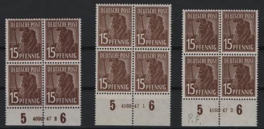 Allierte Besetzung / Kontrollrat, 1947, Mi.- Nr.: 948, 3x Ur mit div. HAN, je ** im 4er- Block! Selten!