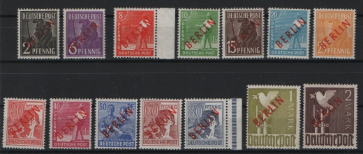Berlin, 1949, Mi.- Nrn.: 21- 34, der Rot- Aufdruck- Satz, **, kpl. Satz, je tiefstgeprüft Schlegel BPP! Luxussatz!