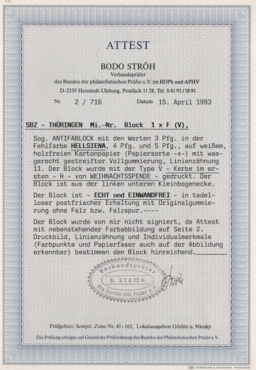 Thüringen, 1945, Bl. 1 x b, **, mit Fotoattest Ströh BPP: echt + einwandfrei, Luxusstück. Sehr selten!