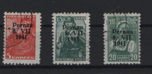 III. Reich, Dt. Bes. II. WK, Estland- Pärnu, 1941, Mi.- Nr.: 5, 7 + 8 je in Type I, gestempelt, Kabinettstücke! Selten!