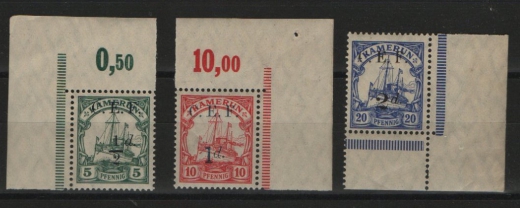 Dt. Kolonien, Kamerun, Britische Besetzung, 1915, Mi.- Nrn.: 2, 3 b + 4 (je vom ER!), **! Selten!