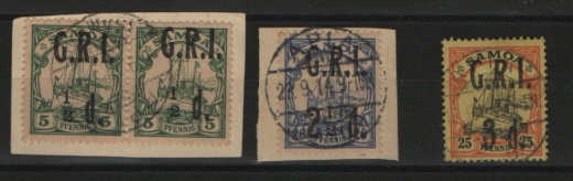 Dt. Kolonien, Samoa, Britische Besetzung, 1914, Mi.- Nrn.: 2 (2x), 4 + 5, je gestempelt / auf Briefstück, selten!