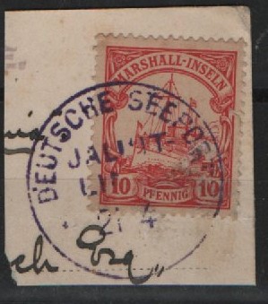 Dt. Kolonien, Stempel, Marshall- Inseln, ca. 1905, Mi.- Nrn.: 15, gestempelt mit Deutsche Seepost Jaluit- Linie, selten!