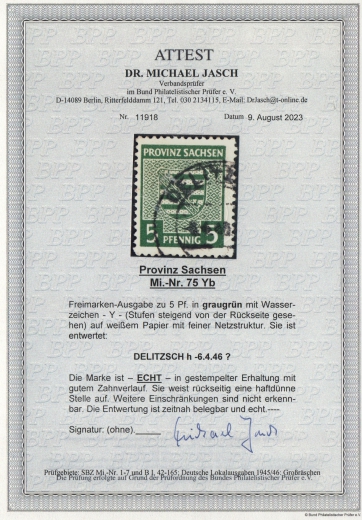 SBZ, Provinz Sachsen, 1945, Mi.- Nr.: 75 Y b, gestempelt, aktuelles Fotoattest Dr. Jasch BPP: echt und ....! Bedarfsstück!