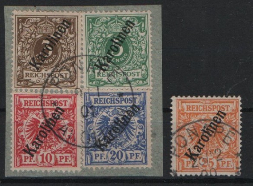 Dt. Kolonien, Karolinen, 1900, Mi.- Nrn.: 1 II - 5 II, gestempelt / auf Briefststk.! Mi.- Nr.: 5 II signiert! Selten!