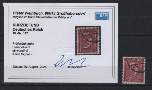 DR, Infla, 1921, Mi.- Nr.: 177, gestempelt, Luxusstück, akt. K.- Befund Weinbuch BPP: echt und einwandfrei! Selten!
