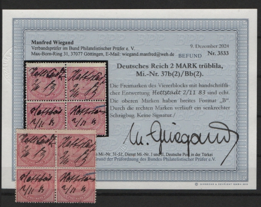 DR, Pfennige, 1883, Mi.- Nrn.: 37b (2) / 37 Bb (2) im 4er- Block, mit Handschr. Entwertung, Befund Wiegand BPP;  echt und ... gutes Bedarfsstück! RR!
