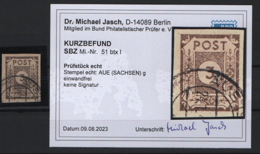 SBZ, Ost- Sachsen, 1945, Mi.- Nr.: 51 btx I, gestempelt, aktueller K.- Befund Dr. Jasch BPP: echt und einwandfrei Selten!