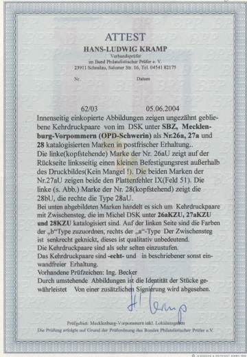 MVP, 1945, Mi.- Nrn.: 26aKZU, 27aKZU + 28KZU (a/b), kpl. Satz **, Fotoattest Kramp BPP: echt + ... Top- Raritäten!