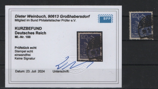 DR, Infla, 1922, Mi.- Nr.: 188, gestempelt, K.- Befund Weinbuch BPP: echt und einwandfrei! Selten!