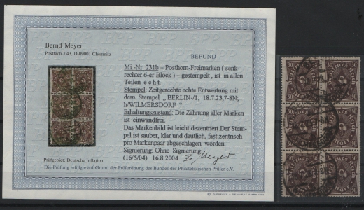 DR, Infla, 1922, Mi.- Nr.: 231 b (6x, im senkr. 6er- Block), gestempelt, Luxusstück, Befund Meyer BPP: e + e! Sehr selten!