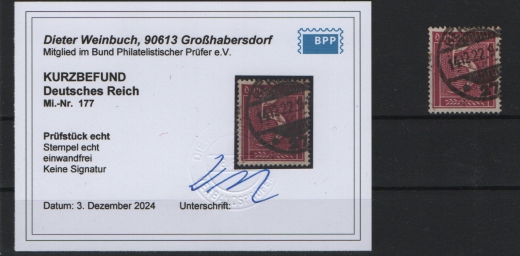DR, Infla, 1922, Mi.- Nr.: 177, gestempelt, Luxusstück, akt. K.- Befund Weinbuch BPP: echt und einwandfrei! Selten!