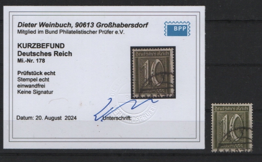 DR, Infla, 1922, Mi.- Nr.: 178, gestempelt, akt. K.- Befund Weinbuch BPP: echt und einwandfrei! Selten!