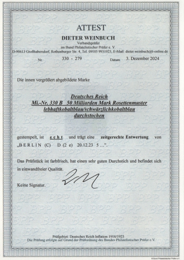 DR, Infla, 1923, Mi.- Nr.: 330 BP, gestempelt, Luxusstück, akt. Attest Weinbuch BPP: echt und einwandfrei! Sehr selten!