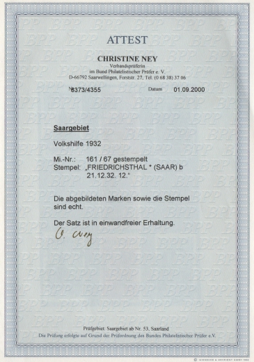 Saargebiet, 1932, Mi.- Nr.: 161- 67, kpl. Satz, gestempelt, Fotoattest Ney BPP: echt und einwandfrei! Selten!