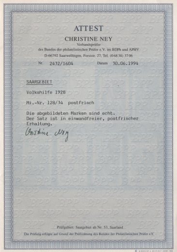 Saargebiet, 1928, Mi.- Nr.: 128- 34, kpl. Satz, **, Fotoattest Ney BPP: echt und einwandfrei! Selten!
