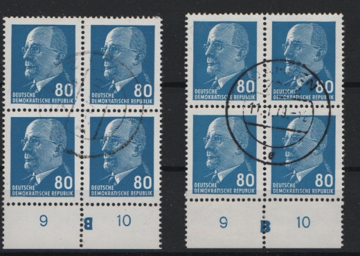 DDR, 1967, Mi.- Nr.: 1331 (2x) je im 4er- Block mit unterschiedlichen DKZ, gestempelt! Luxusstücke!