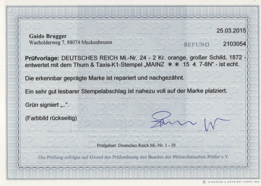 Dt. Kaiserreich, Brustschilder, ca. 1873, Mi.- Nr.: 24, gestempelt, Befund Brugger BPP: echt, repariert ...! Seltenes Stück!