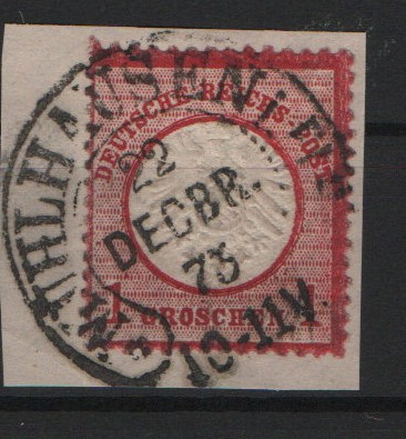 DR, Dt.- Kaiserreich, Brustschilder, Hufeisenstempel, 1873, Mi.- Nr.: 19 mit Abstempelung Mülhausen i. Els. auf Briefstück