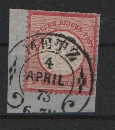 DR, Dt.- Kaiserreich, Brustschilder, Hufeisenstempel, 1873, Mi.- Nr.: 19 mit Abstempelung Metz auf Briefstück