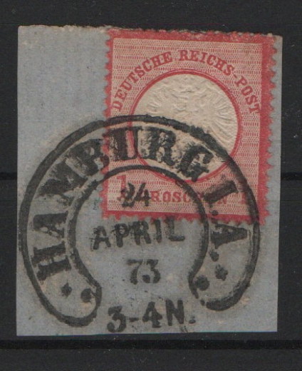DR, Dt.- Kaiserreich, Brustschilder, Hufeisenstempel, 1873, Mi.- Nr.: 19, mit Abstempelung Hamburg I. A. auf Briefstück