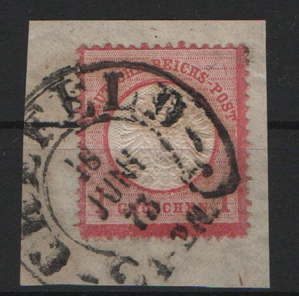DR, Dt.- Kaiserreich, Brustschilder, Hufeisenstempel, 1873, Mi.- Nr.: 19, mit Abstempelung Crefeld auf Briefstück