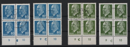 DDR, 1964 / 67, Mi.- Nr.: 1080 + 1331 (je 2x) je im 4er- Block mit unterschiedlichen DKZ, gestempelt! Luxusstücke!