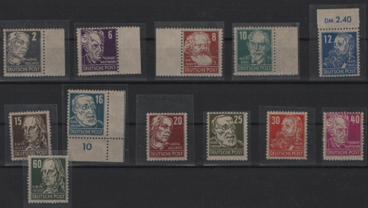 SBZ, Allgemeine Ausgaben, 1948, Mi.- Nrn.: 212- 223 + 225, je mit senkr. Borkengummi, **, je tiefstgeprüft Schönherr BPP! ! Sehr selten!