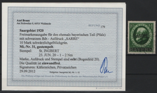 Saargebiet, 1920, Mi.- Nr.: 31, gestempelt, Befund Braun BPP: echt und einwandfrei! Selten!