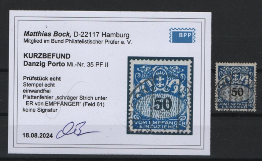 Danzig, 1923, Mi.- Nr.: P 35 PF II, gestempelt, KB Bock BPP: e+e! Luxusstück! Selten!