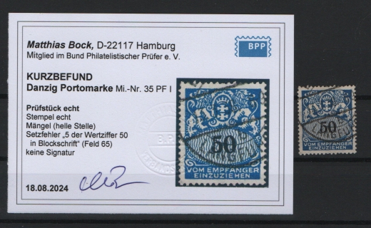 Danzig, 1923, Mi.- Nr.: P 35 PF I, gestempelt, KB Bock BPP: e+ ...! Kabinettstück! Selten!