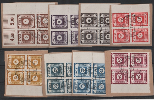 SBZ, Ost- Sachsen, 1945, Mi.- Nr.: G 42, + 44- 50, je im 4-er- Block, auf Briefstk., je tiefstgeprüft Ströh BPP! Selten!