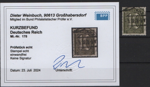 DR, Infla, 1922, Mi.- Nr.: 178, gestempelt, akt. K.- Befund Weinbuch BPP: echt und einwandfrei! Selten!