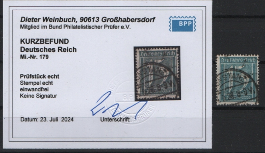 DR, Infla, 1922, Mi.- Nr.: 179, gestempelt, akt. K.- Befund Weinbuch BPP: echt und einwandfrei! Selten!